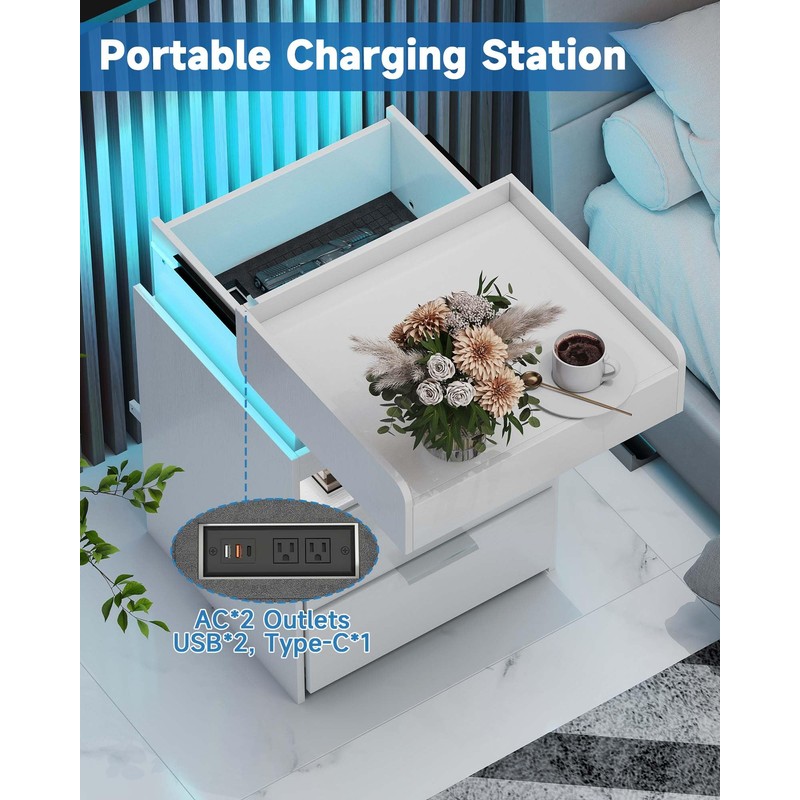 Baoz Nightstand with Gun Drawer, Charging Night Stand with USB