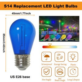 abulber S14 Led Bulbs for Outdoor String Lights,Shatterproof Waterproof Plastic S14 Multicolor Light Bulb,1 Watt to Replace 11 Watts Incandescent Bulb,120V 2700K E26 25 Pack.