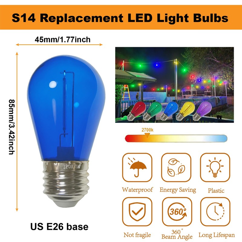 abulber S14 Led Bulbs for Outdoor String Lights,Shatterproof Waterproof Plastic
