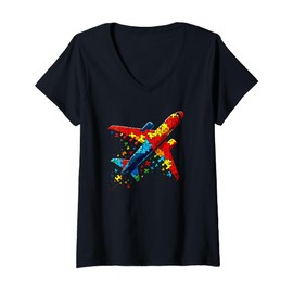 Womens Airplane Jigsaw Puzzle Kids Toddler Boys Autism Awareness V-Neck T-Shirt