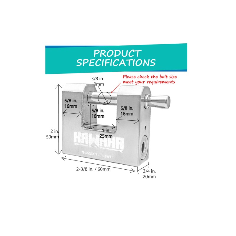 KAWAHA 71/60KD-5SK Stainless Steel D-Shaped Heavy Duty Padlock with Key