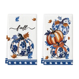 Artoid Mode Blue Pumpkin Fall Kitchen Towels Dish Towels, 18x26 Inch Farmhouse Maple Leaves Autumn Decoration Hand Towels Set of 2
