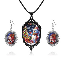 LKingel Christmas Cameo Necklace Earrings Set for Women Vintage Crystal Glass Santa Moose Dangle Earrings Punk Santa Snowman Pendant Necklaces Oval Christmas Earrings Necklace Set Xmas Jewelry for Women (style6)