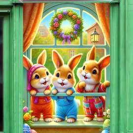 BlissYard Easter Bunny Window Cover 31x47 Inch Easter Window Cover Banner Easter Window Decoration Bunny Backdrop Photography Background Banner Easter Window Cover Easter Spring Window Decorations
