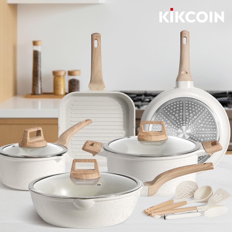 Kikcoin 16Pcs Pots and Pans Set Nonstick Ceramic Cookware Sets