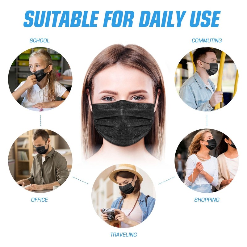 50 PCS Black Disposable Face Masks 3-Ply Filter Earloop Mouth