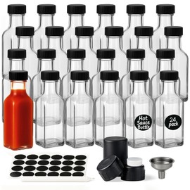 WERTIOO Hot Sauce Bottles 24-Pack 5oz Small Glass Bottles with Caps - Leakproof Square Mini Glass Sauce Containers for Tabasco, Vinegar, Chili Oil - Empty for Liquid Storage, Party Favors, Gifting