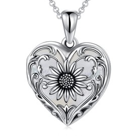 SOULMEET Mother of Pearl Shell Sunflower Heart Locket Necklace That Holds 1 Picture, Sterling Silver You Are My Sunshine Photo Locket (Locket only)
