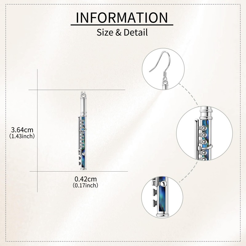 ONEFINITY Flute Earrings 925 Sterling Silver Abalone Shell Dangle Drop