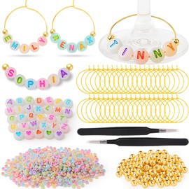 TMKEFFC 60 Sets DIY Wine Glass Charms – 780 Letter Beads 120 Gold Beads 60 Charm Rings 2 Tweezers, Drink Identifier Charms Wine Glass Marker Tags for Wedding Cocktail Bachelorette Party Decoration
