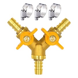 Horiznext brass 3/8 inch O.D. barb three way shut off ball valve for gas hose air water pvc pex garden tubing fuel line, tee switch splitter fitting