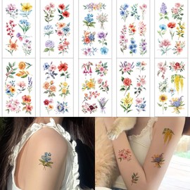 10 Sheets Flower Temporary Tattoos Stickers, Roses, Floral and Multi-Colored Mixed Style Body Art Waterproof Temporary Tattoos for Women Girls Kids Adult Christmas Holiday Gifts (Floral Tattoo) 733