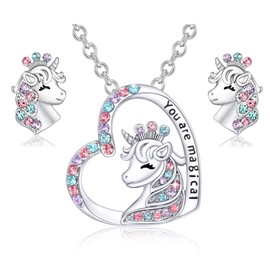 ankbrats Unicorn Children's Jewellery Set for Girls, Cute Unicorn Heart Necklace, Nickel-Free Charm Earrings Necklaces Set for Children, Daughter, Women, Copper Alloy, Cubic Zirconia