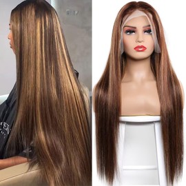 Lemoda 13x6 Highlight Straight Lace Frontal Human Hair Wigs Ombre 4/27 Outlets Sale 200 Density 20Inch 13x6 HD Transparent Lace Front Wigs Pre Plucked