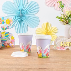 Restaurantware-Restpresso 12 Ounce Easter Party Cups, 400 Hot Cups With Plastic Lids - Easter Bunny And Egg Design, Disposable, Purple Paper Coffee Cups, Single Wall, Serve Hot And Cold Drinks