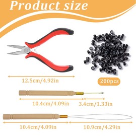 EIHI Microring Haarverlängerung Set mit 1 Microring Hair Zangen 1 Stück Microring Nadel Einfädler 1 Ziehen Haken und 200 Stück Microringe für Haarverlängerung Zubehör (Schwarz)