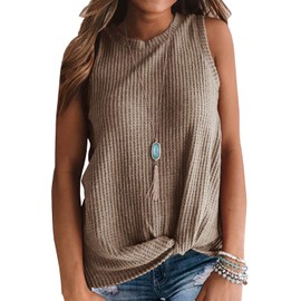 IWOLLENCE Womens Waffle Knit Tunic Casual Blouse Sleeveless Cute Twist Knot Tank Tops Khaki, M