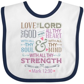 inktastic Love the Lord Heart Mind Strength Baby Bib White and Navy 35709