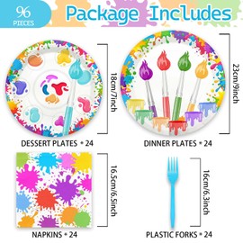 Art Paint Party Supplies - 96Pcs Paint Art Party Decorations Dinnerware with Paper Plate Napkin Forks for Art Painting Graffiti Theme Birthday Baby Shower Decorations