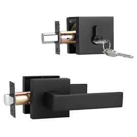 Brotima 1 Pack Exterior Door Lockset with Deadbolt, Matte Black Passage Lever and Keyed Alike Double Cylinder Deadbolt, Reversible Square Handleset for Bedroom, Front Door
