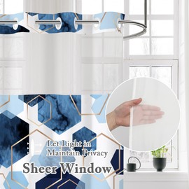 Litabel No Hook Blue Shower Curtain with Snap-in Fabric Liner Set for Bathroom, Hotel Style Modern Geometric Shower Curtain with See Through Top Window, Waterproof Shower Curtain Set, 71x74