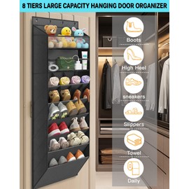 Over The Door Shoe Storage Organizer, 8 Tiers Hanging Shoe Rack Behind Door Shoe Holder with 6 Large Deep Pockets 8 Small Pockets, Narrow Shoe Rack for Closet Bedroom Bathroom Nursery RV Dorm, Black