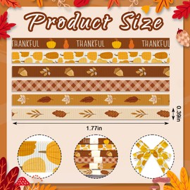 Threetols 6 Rolls 30 Yards Fall Ribbons, 3/8" Thanksgiving Grosgrain Ribbons Brown Check Ribbons Orange Pumpkin Pinecone Maple Harvest Gift Wrapping Ribbons for Autumn Party Supply