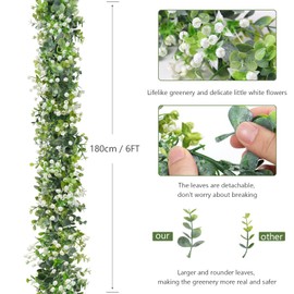 SOMYTING Pack of 4 Artificial Eucalyptus Garland, Green Handmade Garland, White Flower Garland for Wedding Background, Arch, Wall Decoration, Vines, Leaves, UV-Protected, Indoor and Outdoor Use