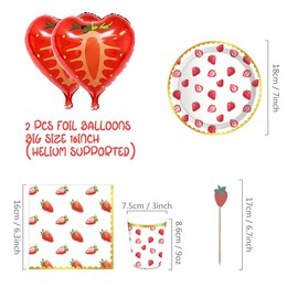 通用 Strawberry First Birthday Party Decoration Tableware Supplies Set Includes Photo Backdrop Plates Napkins Foil Balloons, Red