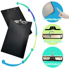 Aluminum Metal Clipboard Stainless Hangable Pen Holder Low-Profile Clip Board Size A4 9" x 12.6" with Sticky Note for School Office Business Medical Professionals Workshop Factory (Black, Aluminum-A4)