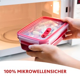 Emsa Mikrowellendose Clip & Micro 517774 | Mit 2 Einsätzen | Mikrowellenventil | 1,0 L | Lunchbox | Integrierte Maßeinteilung | Made In Germany | Rot/ Transparent