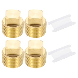 PATIKIL 1/2" NPT Male Brass Square Plug Fittings Set, 4Pcs Cored Thread Square Head Pipe Fittings Tubing End Sealing Cap with PTFE Tape for Boat, Drain Plug, Gas, Fuel Line