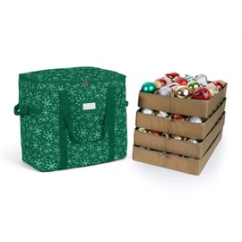 Covermates Keepsakes Adjustable Ornament Storage Bag – Heavy-Duty Polyester, Padded Dividers & FlexGrid Trays – Protective Holiday Ornament Organizer with Handles & Label Window, Green Snowflake
