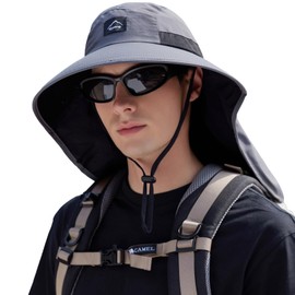 Rosoz Outdoor Sun Hat for Men Women, UPF50+ Protection Safari Cap Wide Brim Mesh Fishing Hat with Neck Flap Beach Garden