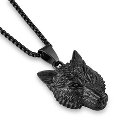 Raymard Viking Tribal Wolf Necklace, Norse Talisman Pendant for Men, with 24" Rolo Chain - Black