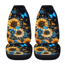 BIGCARJOB Sunflower Car Accessories Sets 2 Pcs Auto Front Seat Protector Butterfly Print Car Seat Cover Sets for Womens Girly Cute Car Interior Seat Cushion Pads