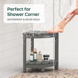BEKVEM Corner Shower Stool for Inside Shower, HDPE Waterproof Shower Bench Seat Chair, Plastic Bath Shower Stool for Shaving Legs Foot Rest with Storage Shelf, Adjustable & Non-Slip Feet, Grey