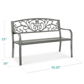 Best Choice Products Outdoor Bench Steel Garden Patio Porch Furniture for Lawn, Park, Deck w/Floral Design Backrest, Slatted Seat - Gray