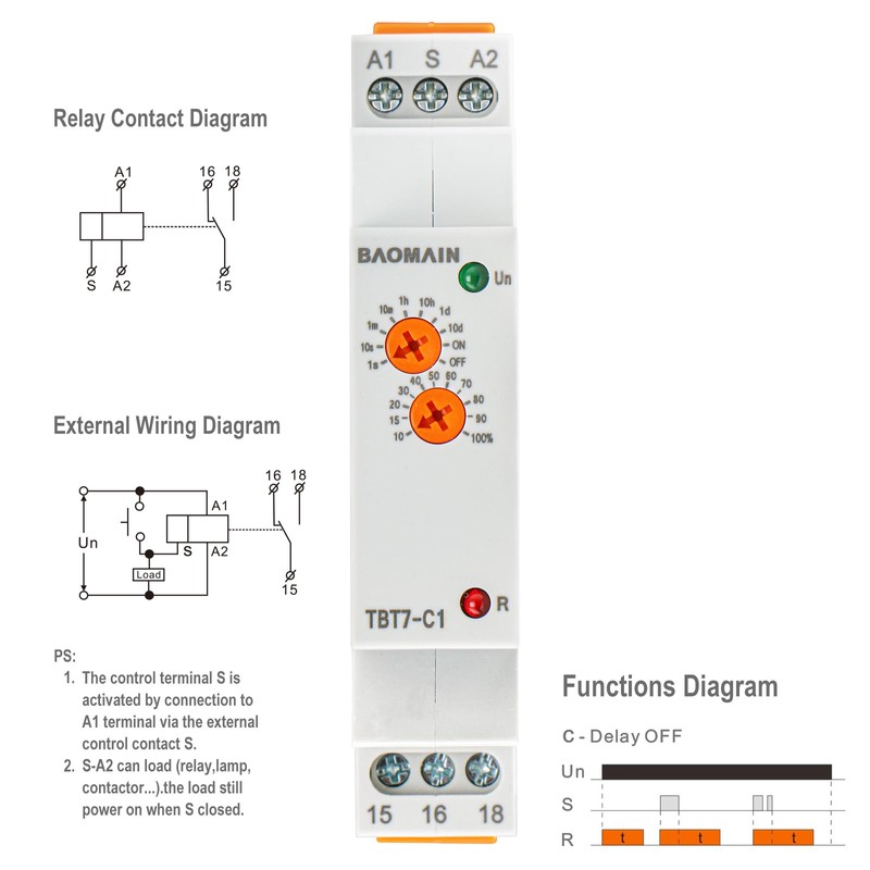 Baomain Multi-Function Time Relay, 16A Delay OFF SPDT, DIN Rail