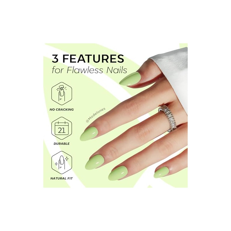modelones Uñas postizas cortas Modelones Green Press on Almendra, con