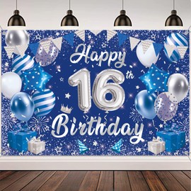 Happy 16th Birthday Decoration Banner - Blue Silver Birthday Decorations Banners Backdrop for Girl Boy, Large Photography Photo Background for 16 Years Old Party Supplies(180X120cm)