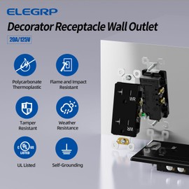 ELEGRP Glossy Black Decorator Wall Receptacle Outlets, TR Tamper Resistant & WR Weather Resistant Outlet, 20 Amp Electrical Outlets, Self-grounding, 125V, 2 Pole 3 Wire, 5-20R, UL Listed, 10 Pack