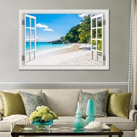Beach Wall Art Pictures Decor for Living Room Fake White Window Frame Style Blue Ocean Canvas Wall Painting Theme for Bedroom Extra Large Tropical Palm Tree Art Pirnts Coastal Seascape Artwork for Home Office Basement Decorations32x48inch