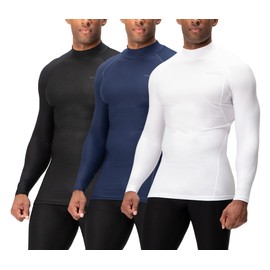 DEVOPS 3 Pack Men's Athletic Turtle Neck Long Sleeve Compression Shirts (X-Large, Black/Navy/White)