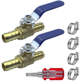 2Pcs 5/8'' Heater Hose Shut Off Ball Valves, 5/8'' Brass Full Port Shut-off Ball Valve, Brass Hose Barb Ball Valve with Stainless Steel Clamps for Hot and Cold Water, Oil, Gas, Fuel line Fittings