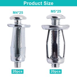 ZHMEINA 40PCS Hollow Door Anchors, Hollow Door Anchors and Screws, 20 Hollows Wall Anchor M4 × 25, Plus 20 Hollows Doors Anchor M5 × 25