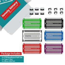 Lonely Binary 6-Pack Prototype PCB Half-Size Breadboards – Assorted Colors with Type-C & Micro USB Ports, Solderable Power Boards for Arduino, Raspberry Pi, ESP32, and DIY Projects