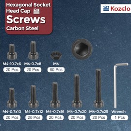 Kozelo 200pcs M4 Socket Head Cap Screws Bolt Nut Assortment Kit - [M4x6/8/10/12/16/20/25mm] Alloy Steel Fully Threaded Black Oxide 12.9 Internal Hex Screw for 3D Printer Use, with Wrench