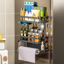 San Dream Magnetic Spice Rack for Refrigerator Magnetic Fridge Shelf Seasoning Rack Magnet Organizer Moveable 4 Hooks for Kitchen Utensils Home Decor:_Grey