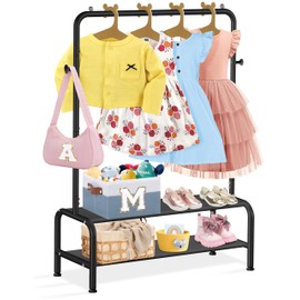 Kids Clothing Rack - Kids Dress Up Clothes Storage Racks - Baby Toddler Clothes Rack - Small Kids Costume Wardrobe Rack with 2 Fabric Floors Storage Shelf - Mini Short Kids Clothing Garment Rack